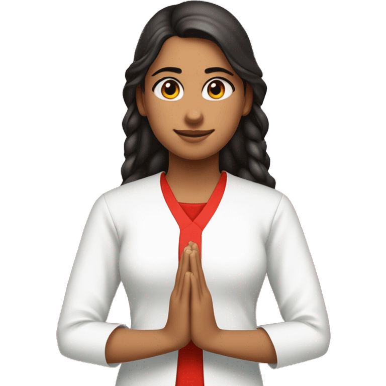 A teenage girl wearing plain white v  neck , elbow length sleeves kurty, with no designs . She is also wearing red plain modi jacket with red buttons. She is joining her hands a praying  emoji