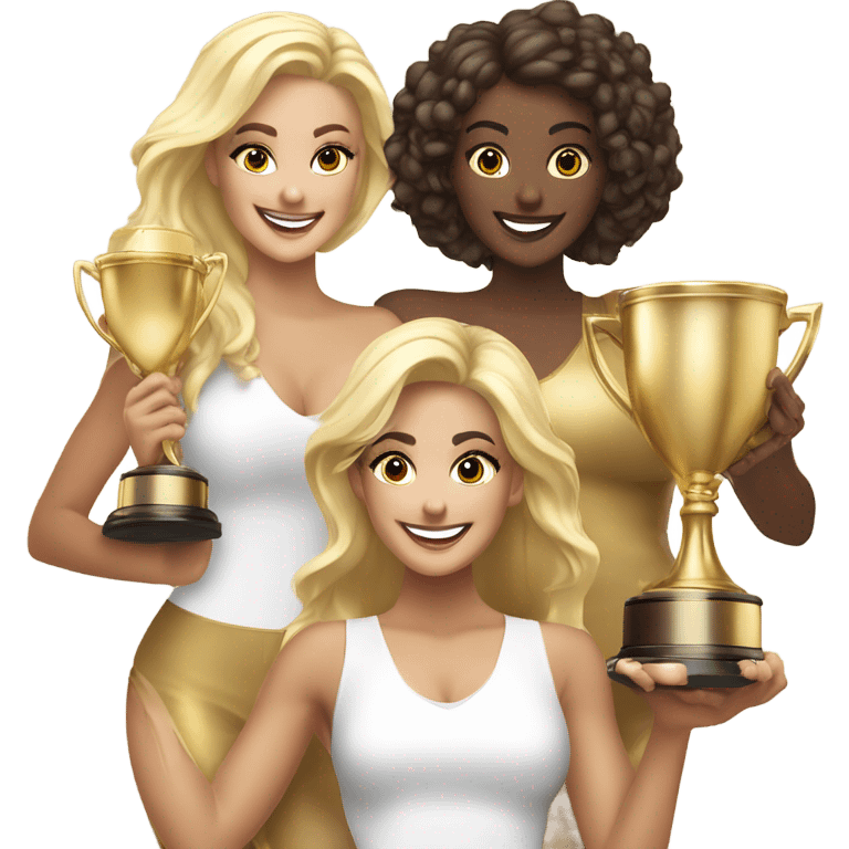 Eight beautiful blonde and Latina models celebrating with 1 huge gold trophy emoji