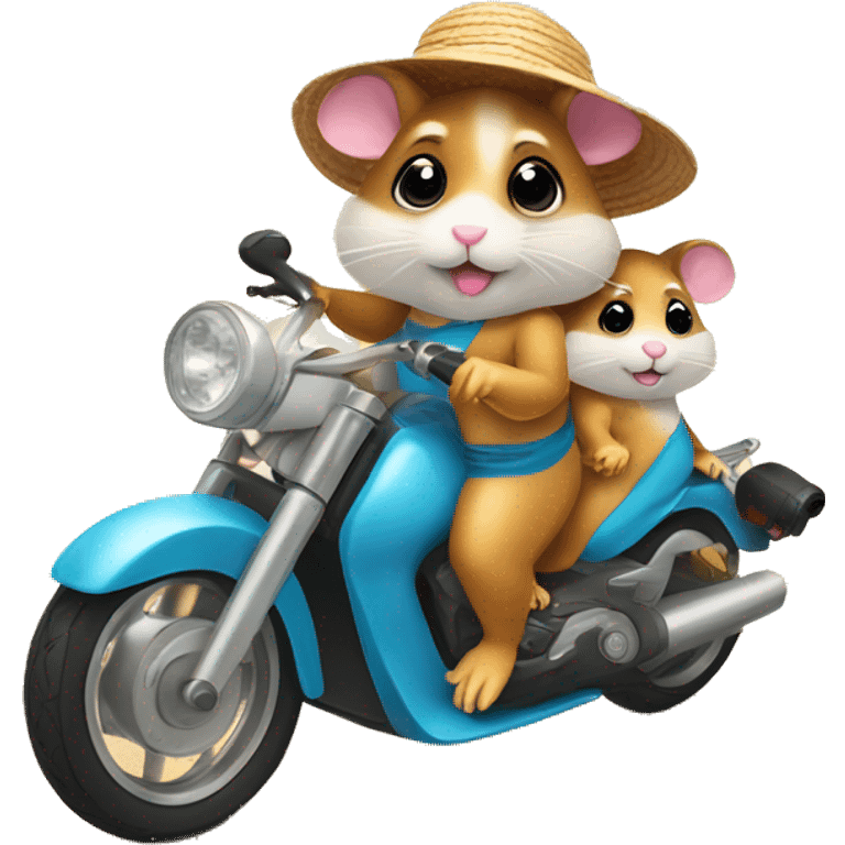 Two hamsters wearing swimwear and sun hat driving by motorbike on the beach emoji