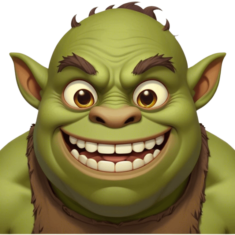 Cinematic Comical Ogre Portrait Emoji, with a strikingly exaggerated, bulky figure in vivid earthy greens and browns, head tilted in a dramatically surprised expression with wide, comically bulging eyes and a goofy, oversized grin, simplified yet hilariously exaggerated, highly detailed with a soft, cartoonish glowing outline capturing the playful absurdity of a meme-worthy ogre! emoji