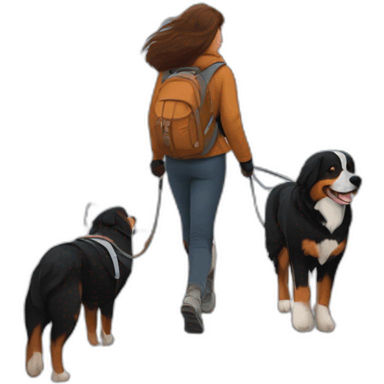 bernese mountain dog hiking with a woman with brown hairr in snow near a fjord emoji