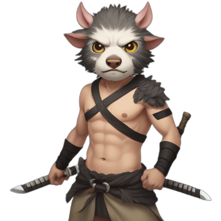 Inosuke from the anime Demon Slayer wears a mask Mountain boar, half-naked and carrying two swords emoji