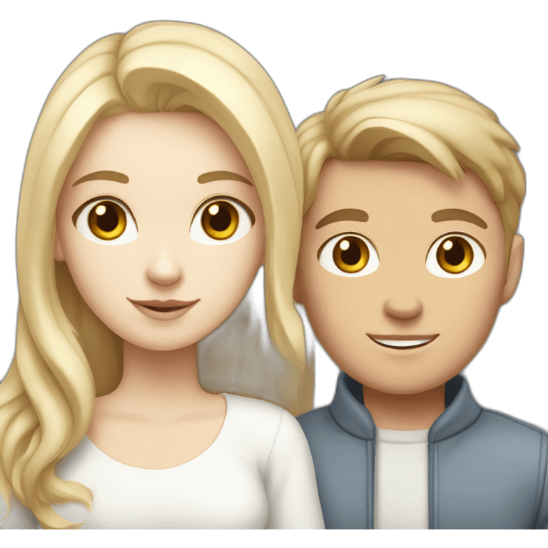 blond white girl and brunette white boy, white cat, grey cat emoji