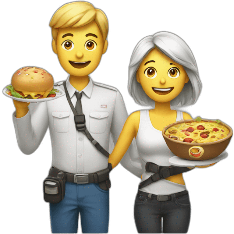 man woman with camera in one hand and food in other hand, happy smiling emoji