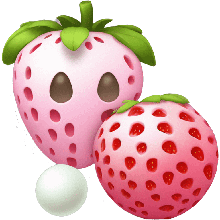 Cilidrinc white skin object, with 2 balls with the same color and on the top of the cilinder, a pink strawberry without points and green part emoji