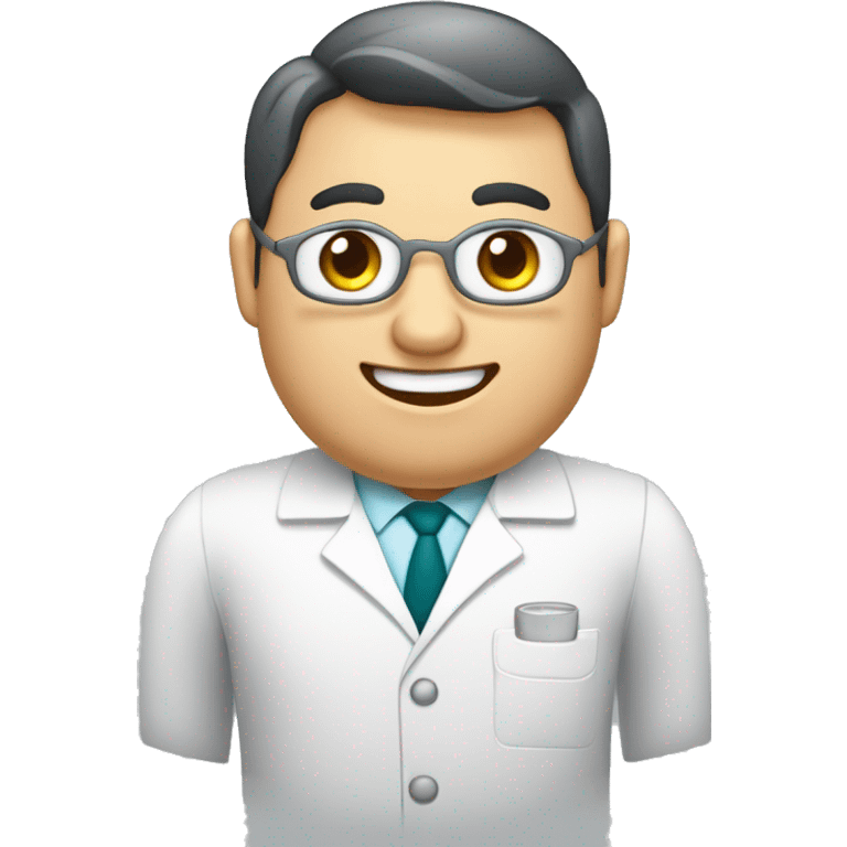 Crea un avatar de medio cuerpo de un dentista gordito con ojos grandes , cara fina, pelo cafe , ojos grises, uniforme blanco emoji