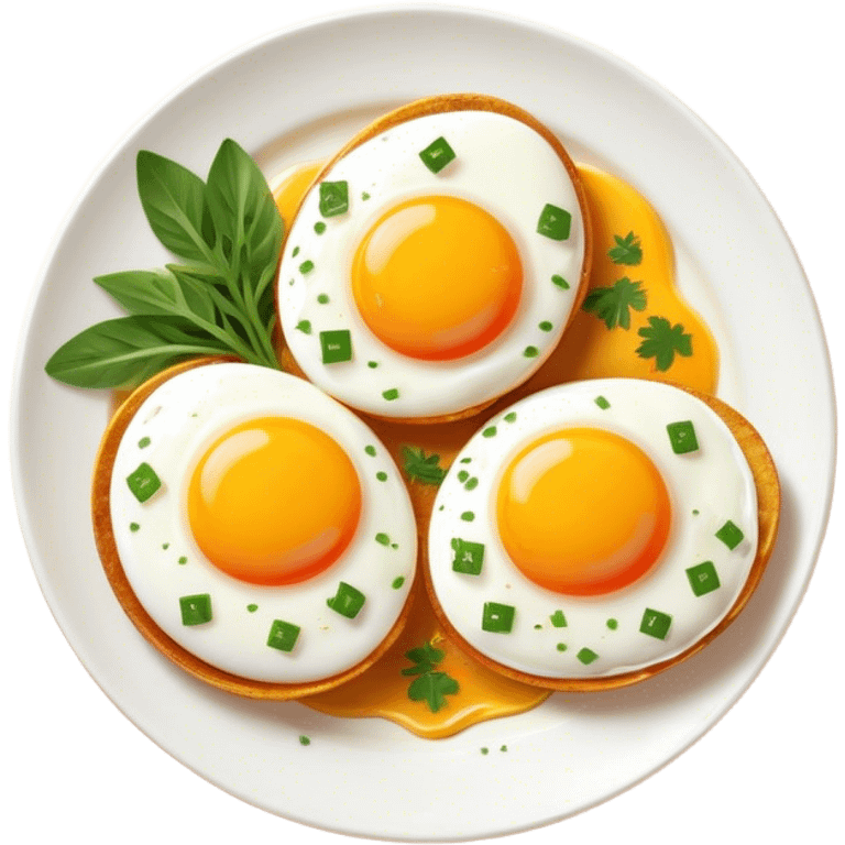 Cinematic sunny-side-up eggs, perfectly cooked with glossy yolks, crispy golden edges, sprinkled with fresh herbs, served on a rustic plate, bright and inviting, highly detailed and appetizing. emoji