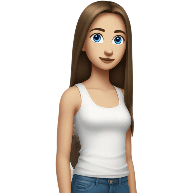 a teen girl with long, straight brown hair and blue eyes. Wearing a white tank top. emoji