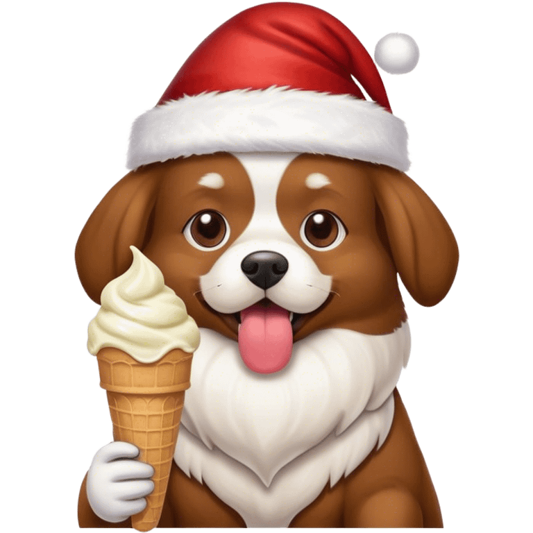 Dog eating ice cream with a Santa hat on emoji