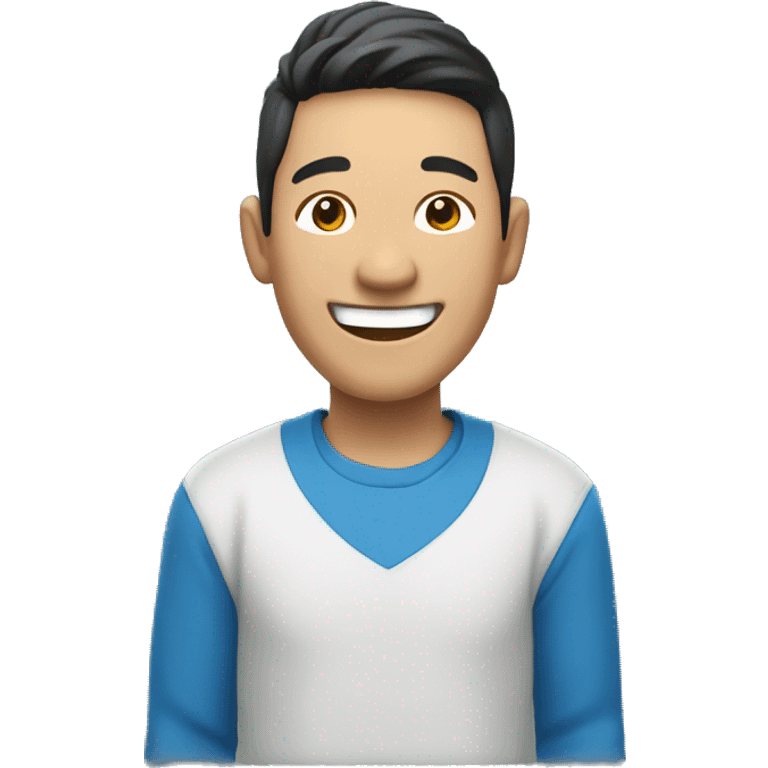 Asian man laughing, blue cloth, big smile,wide shoulder,long sleeve emoji