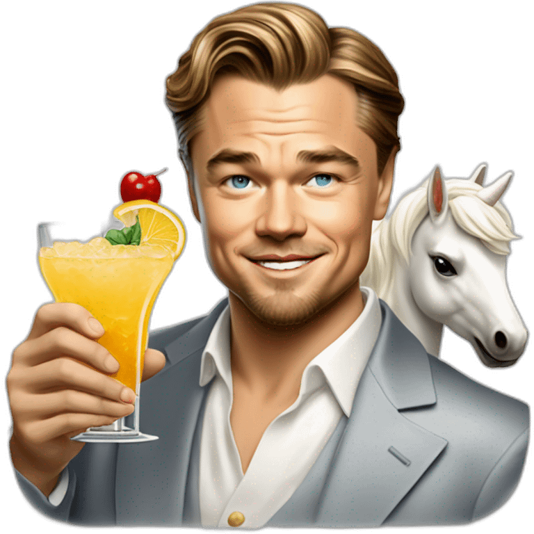 Leonardo DiCaprio smiling, raising a glass of cocktail and riding a white unicorn as a rich billionaire emoji