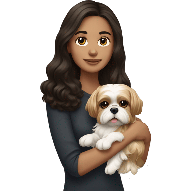 Young dark brunette medium kin hair woman with a golden shih tzu in her arms long wavy hair emoji