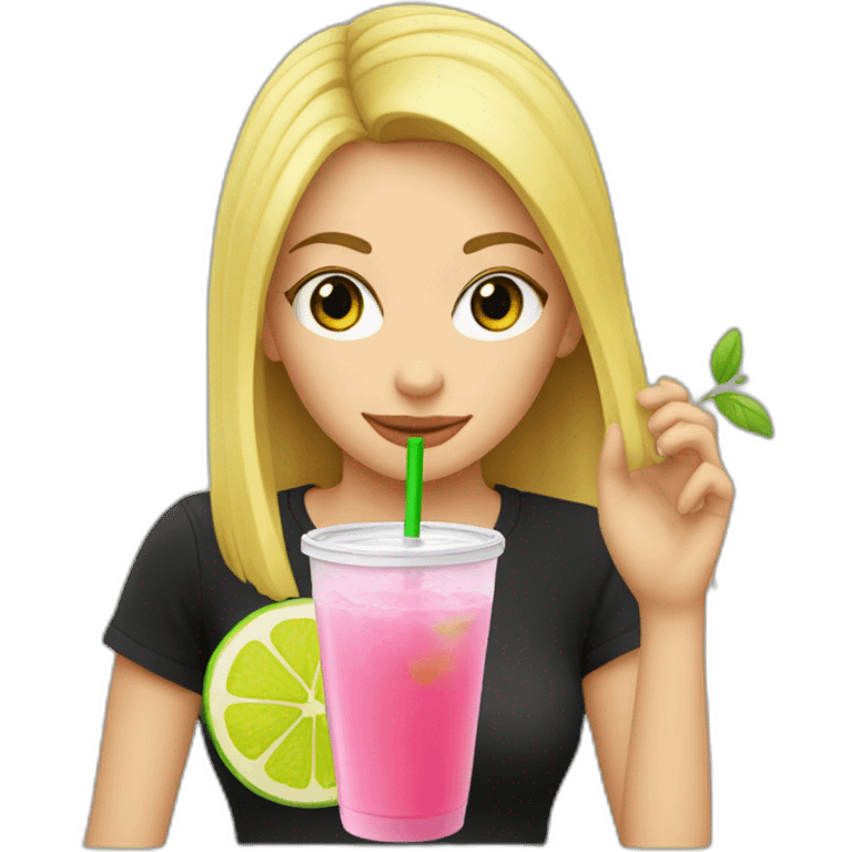 blonde girl straw drinking pink lemonade with one green lemon in the cup, with black watch black tshirt emoji