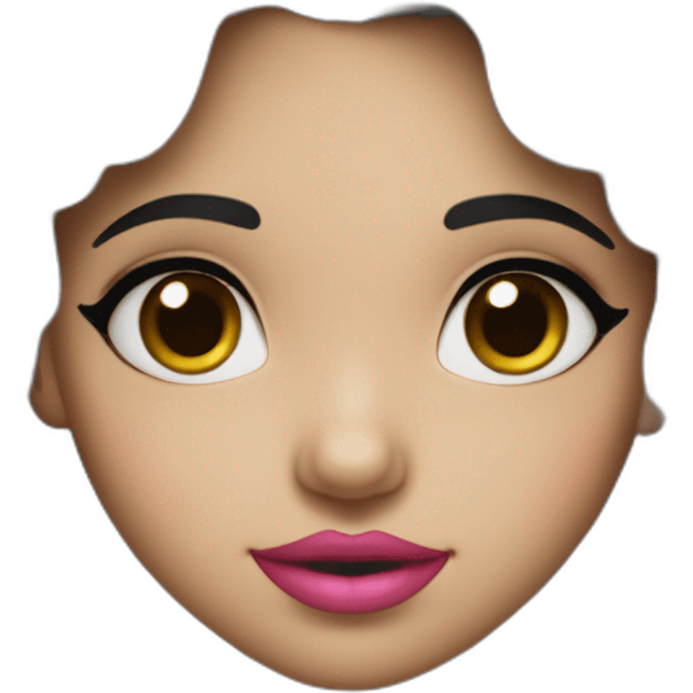 A cute Métis girl with a very clear complexion. She has black hair with large curls, which descend to her shoulders, and a pink lipstick on luscious lips. emoji