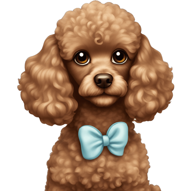 brown toy poodle with a bow on her right ear and named maya that has a white mark on her neck emoji