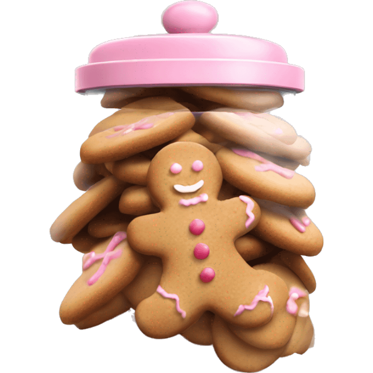 Realistic glass cookie jar with light pink lid full of gingerbread cookies isolated.  emoji