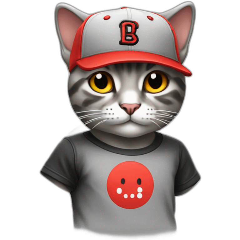 A cat standing up wearing a red and black squared shirt, and wearing a light grey Snapback cap emoji