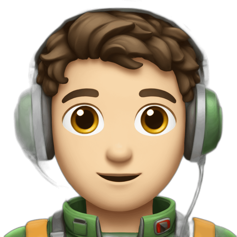 A young white male tennager with dark brown hair and brown eyes in a pilot suit and wearing a green Pilot headset emoji