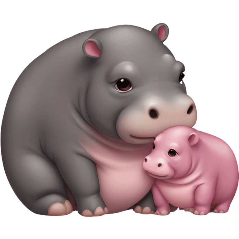 Pygmy brown and pink hippo and her mom cuddling  emoji