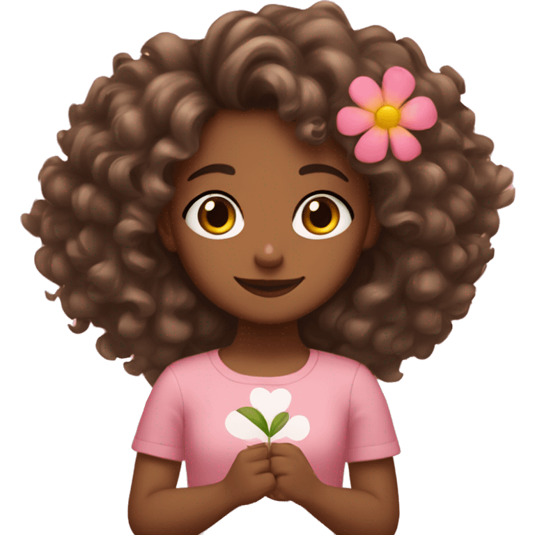 Girl with brown skin curly hair doing a heart with her hands and a flower on her hair emoji