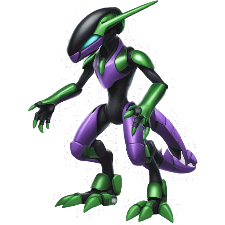 a shiny black-green-purple Genesect-Flygon-Raptor-Fakémon-Medabot-hybrid with a futuristic visor-helmet full body emoji