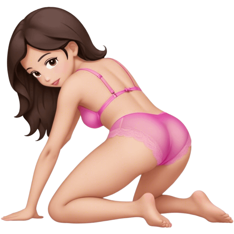 brunette intimate sfw cute pink lingerie pose bending arched curved IN back on hands and knees face down from behind emoji