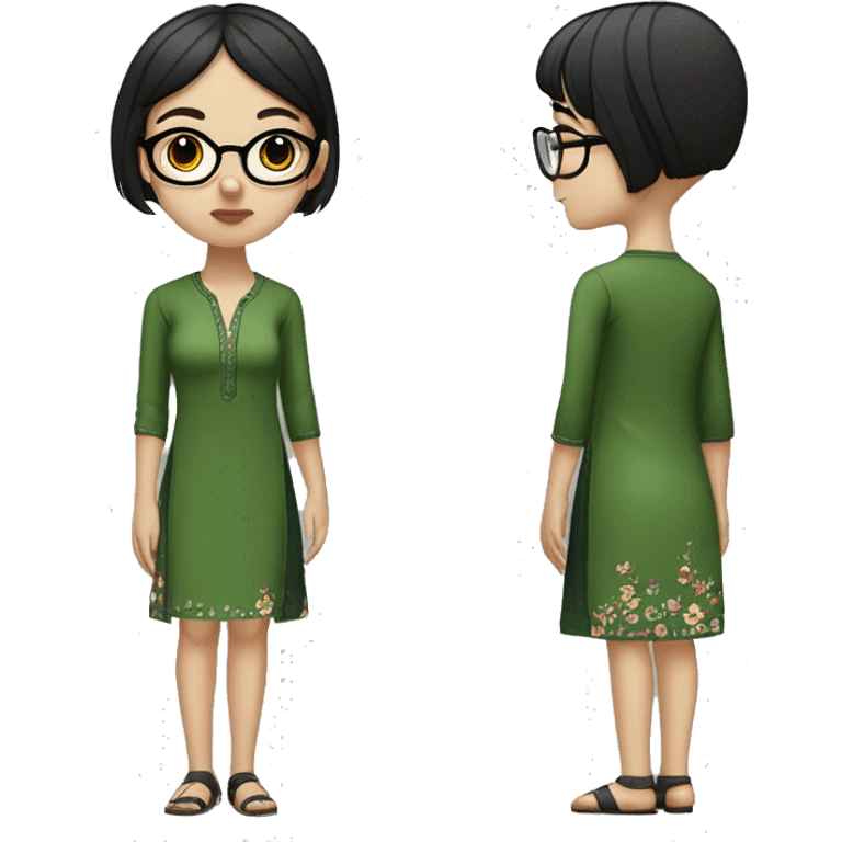 White skinny girl in a green kurta with flower design, glasses, alot of piercing, gay, red lips, nose ring, full body, short straight black edgar hair, black straight hair, front bangs emoji