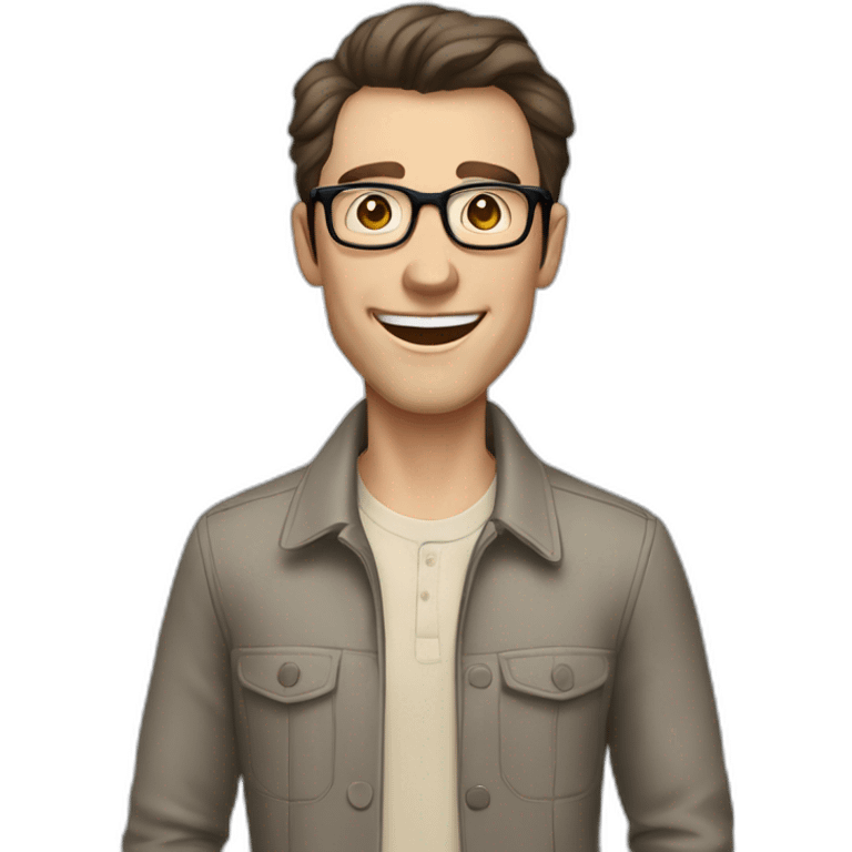 Joyful Pale skinned Fit Man With dark brown hair in gray jacket, beige office shirt, Brown pants and vintage glasses. His thrumbs up emoji