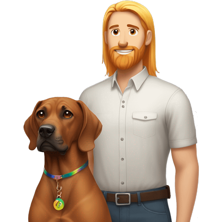 white male with long rainbow colored hair standing alongside a brown rhodesian ridgeback emoji