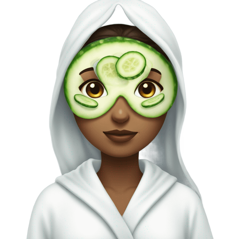 Girl with freackles Brown hair white skin and blue eyes wears Green colored  skin care mask while She relaxes and two round piece cucumber on her closed eyes In a white Robe emoji