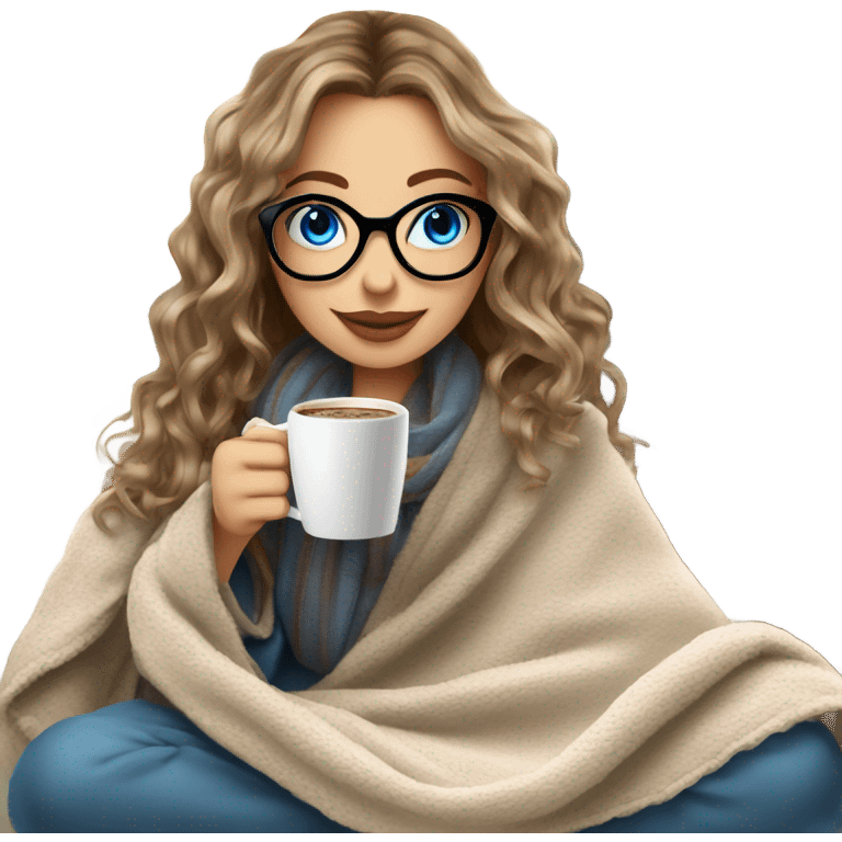 Balayage hair Girl drinking coffee, with a cozy blanket wearing glasses with blue eyes beautiful  emoji