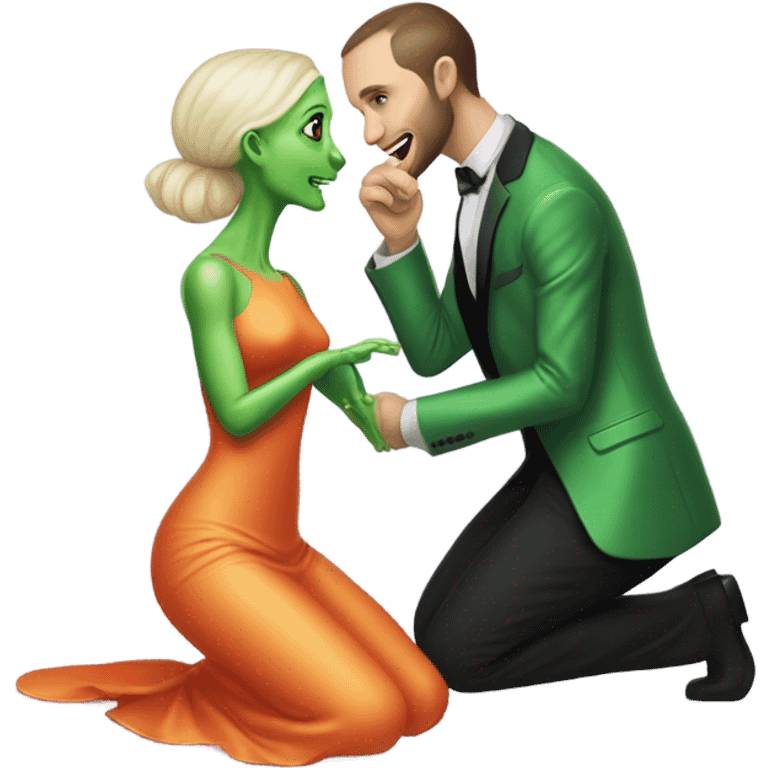 alien reptilian green skin woman,long slim pastel orange formal party satin dress with gradient shiny sparkling dark red, and caucasian man in black dres on his knees asks her to marry her emoji