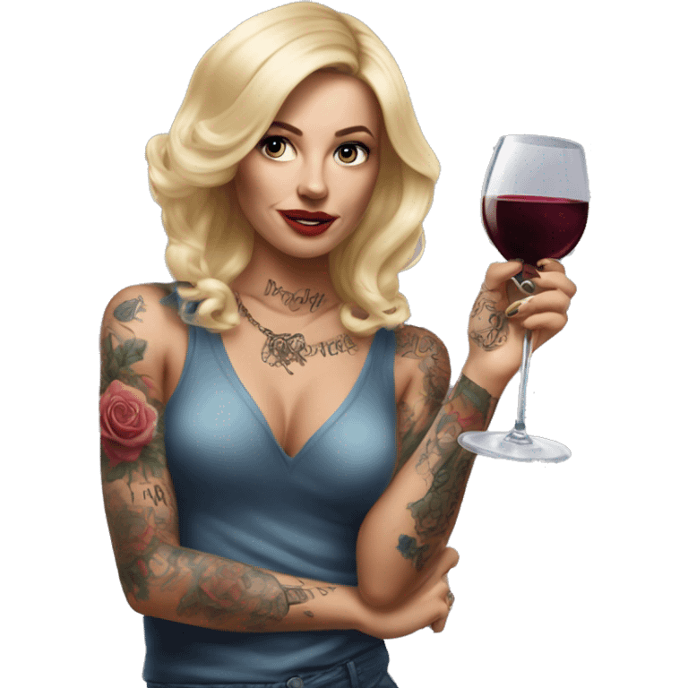 Blonde elegant women, her body covered with tattoos, wine in her one hand, pointing on you with her other hand , Hyper realistic emoji