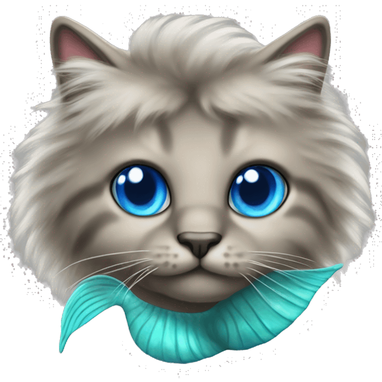 Fluffy Cat with a mermaid tail and blue eyes emoji