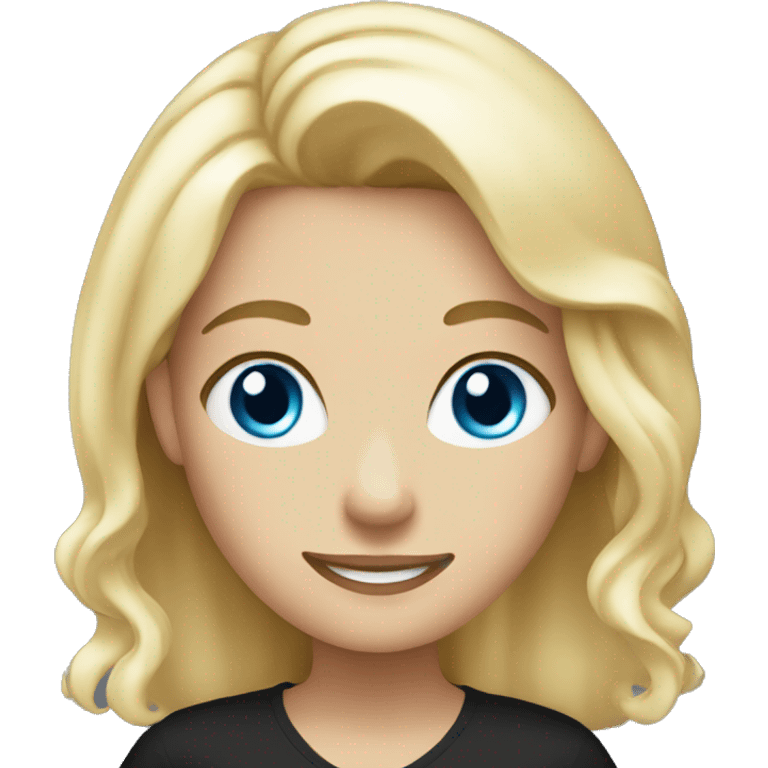 blonde girl with blue eyes smiling in black emoji