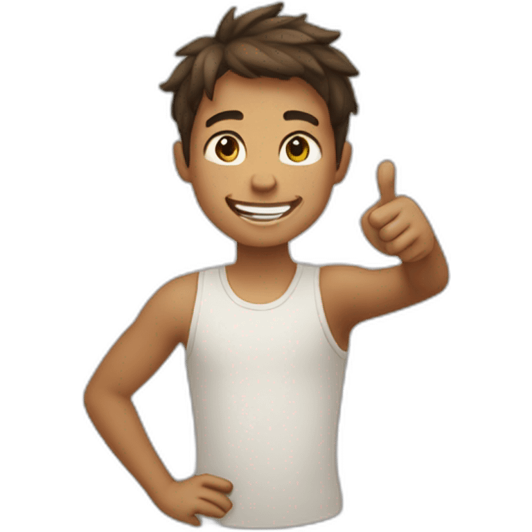 Boy smiling with left arm up emoji