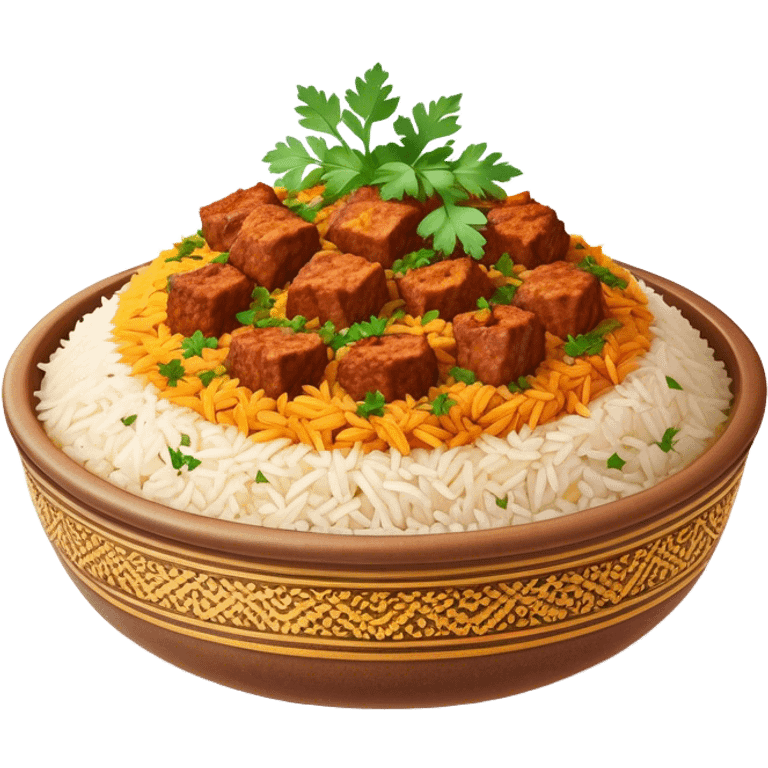 Cinematic Realistic Biryani Dish Emoji, depicted as aromatic basmati rice layered with spiced meat and herbs rendered with vibrant textures and warm, inviting lighting. emoji