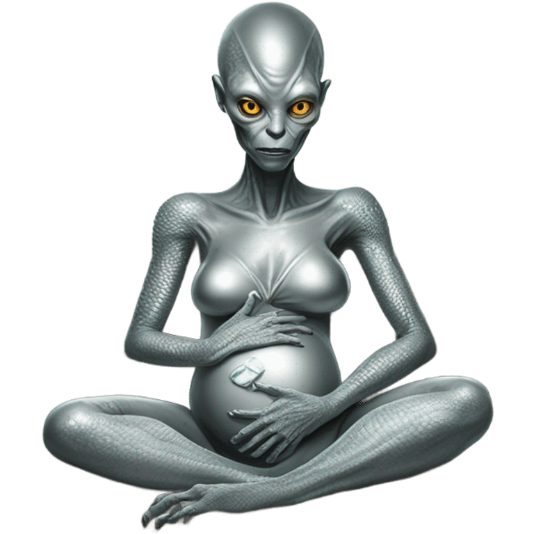 reptilian alien woman in silver dress, pregnant, sitting on couch emoji