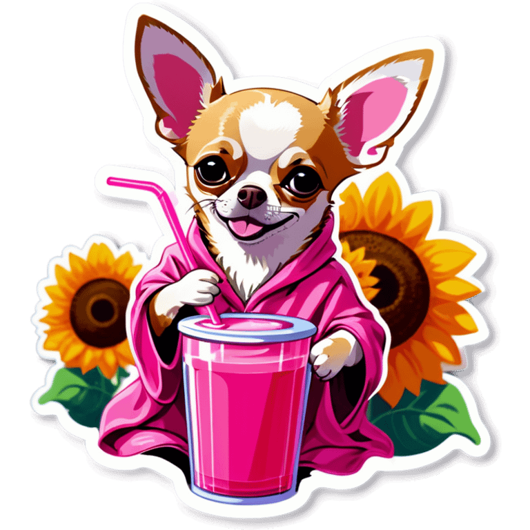 Chihuahua in a sunflower robe drinking a pink drink from a straw   emoji