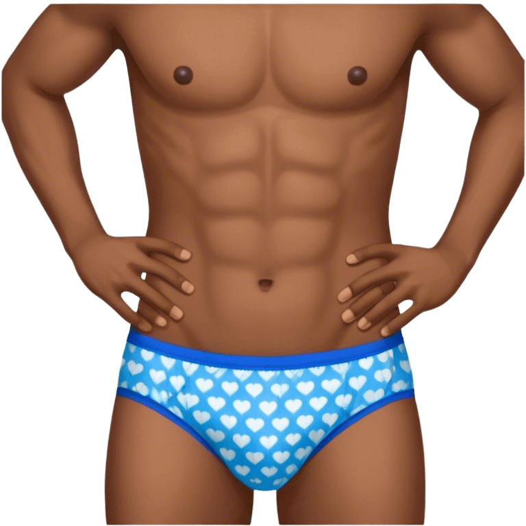 Blue heart patterned men’s briefs hands on hips brown skin emoji