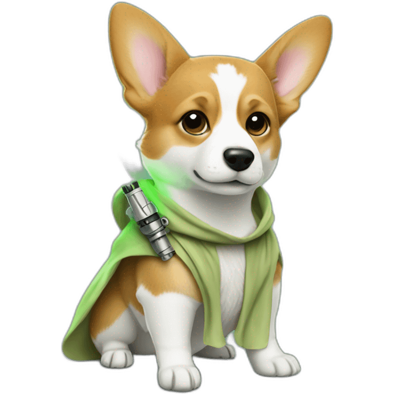 Corgi dress as yoda with one light saber green emoji