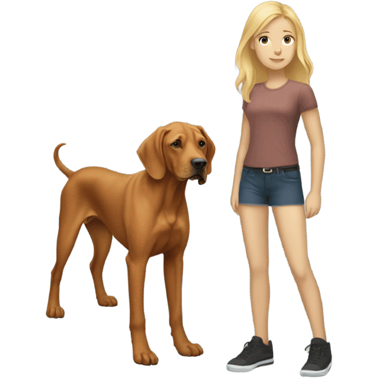 A girl with blonde hair with her vizla/ridgeback dog emoji