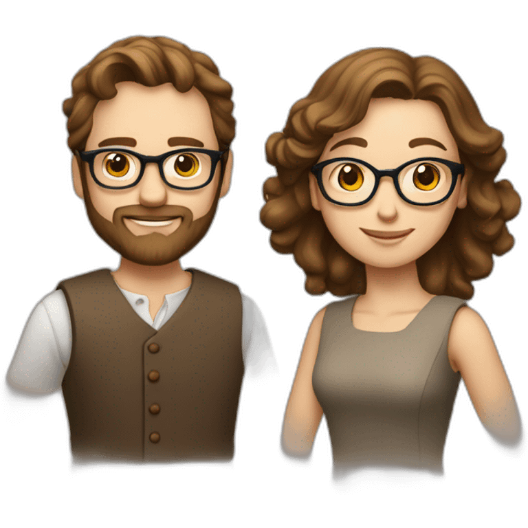 A settled man with brown hair and glasses and a beard and a straight haired Sibyl in a classic dress emoji