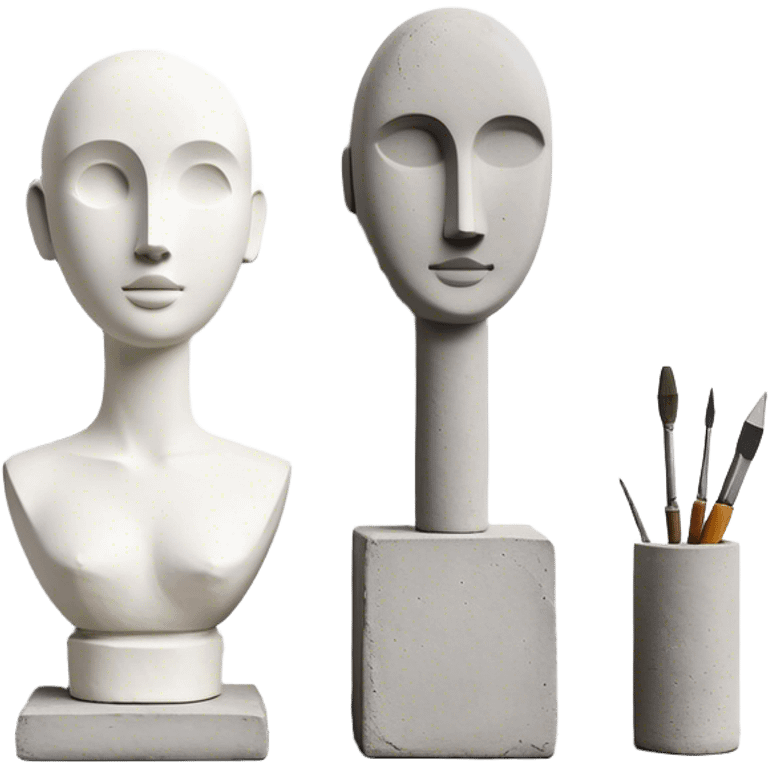 Plaster sculpture and concrete sculpture, small and large, standing side by side, simple and textured, sculpting tools nearby, minimalistic, on a white background, no extra details. emoji