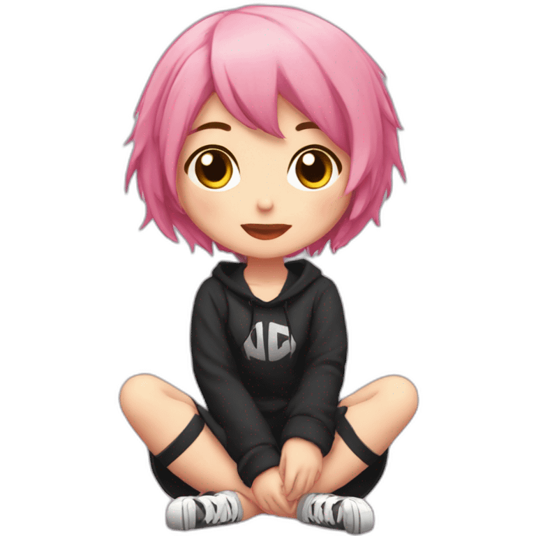 Full body Front view curvy emo girl pink hair sits on the floor straight view hands up black skirt белые трусики полосатые рваные чулки emoji