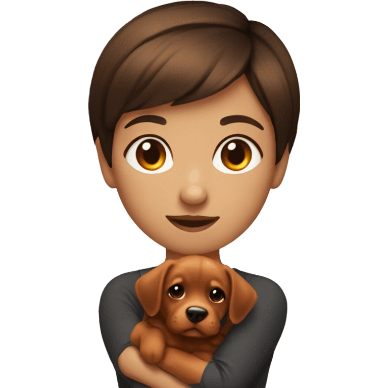 short hair brunette girl holding dark orange puppy emoji