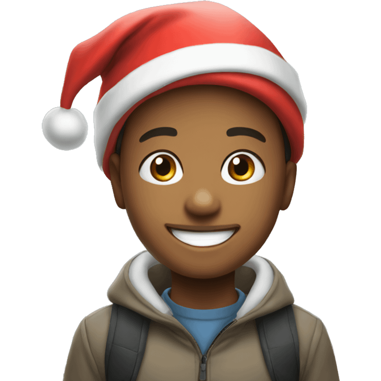 smiling boy outdoors portrait with a Santa hat  emoji