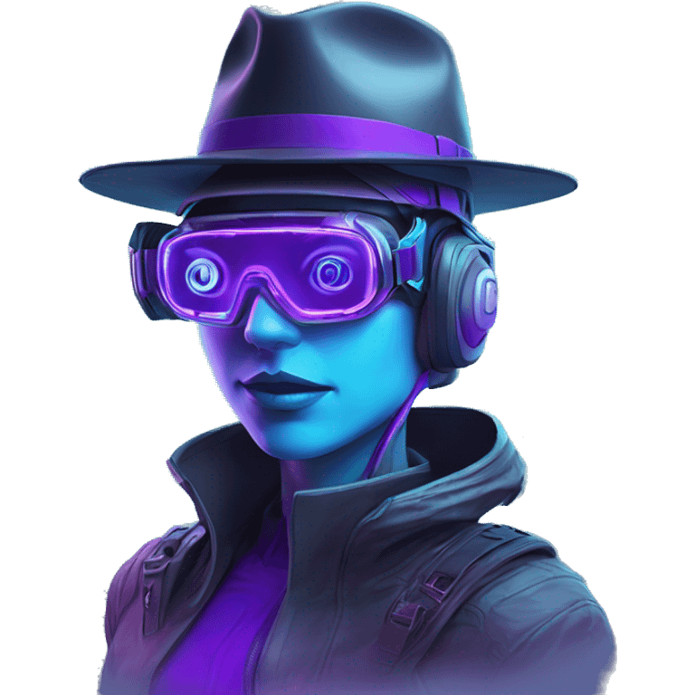 Secret human agent in a hat with  cyberpunk elements in Apple VR googles headset scanning looking reviewing multicolor lines of code, cyan and purple colors, only upper body portrait emoji