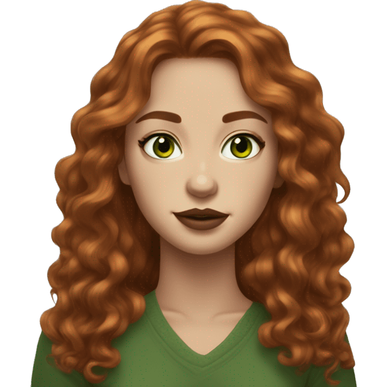 green eyes young woman central, small nose redhead long hair layers wavy freckles brown lipstick emoji