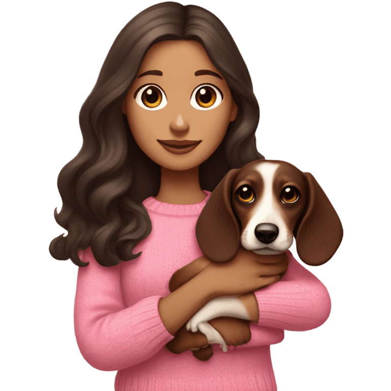 Dark Brunette white girl with long wavy hair in a pink sweater holds a dark brown and cream dachshund long-haired puppy in her arms emoji